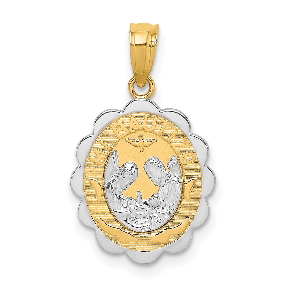 14K Two-tone and White Rhodium Solid Spanish Baptism Mi Bautizo Oval Pendant