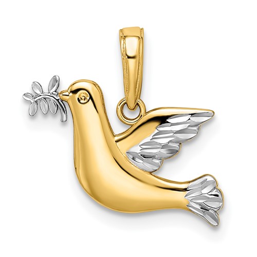 14k White Rhodium Polished Diamond-cut Dove Charm