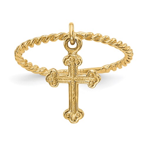 14K Yellow Gold Cross Dangle Twisted Band Ring, Size 4
