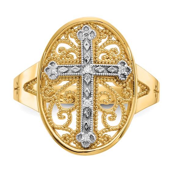 14k Two-tone Diamond Cross in Filigree Oval Ring