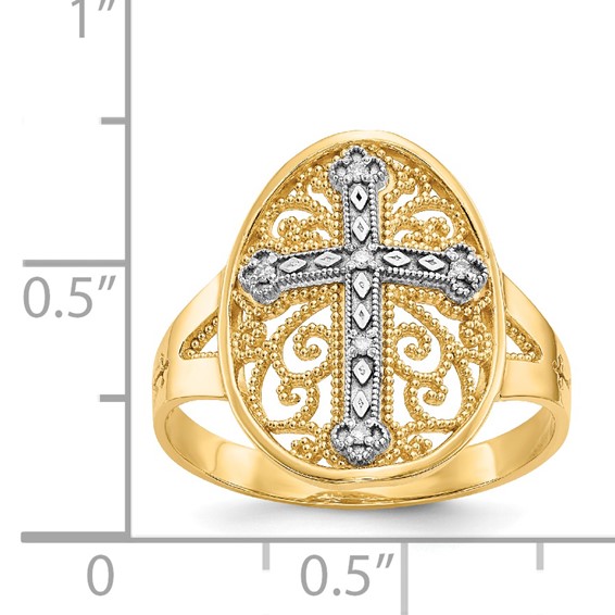 14k Two-tone Diamond Cross in Filigree Oval Ring