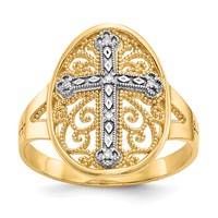 14K Two-tone Diamond Cross in Filigree Oval Ring view 1