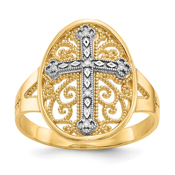 14k Two-tone Diamond Cross in Filigree Oval Ring