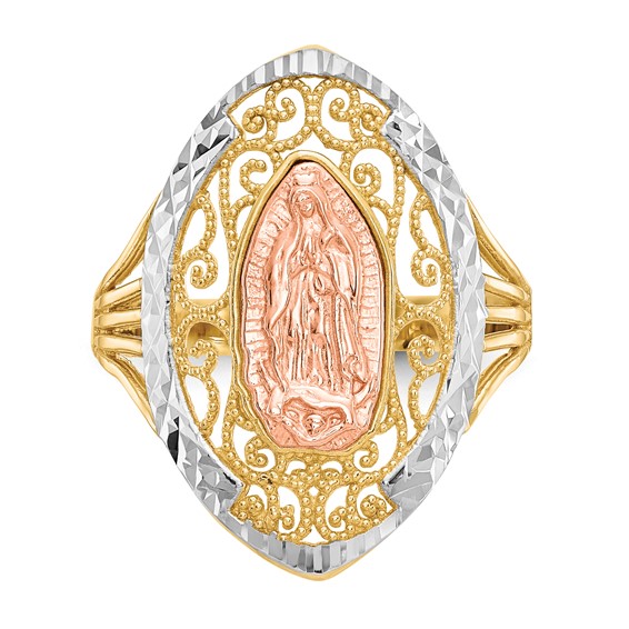 14K Two-tone with White Rhodium Filigree Our Lady of Guadalupe Ring