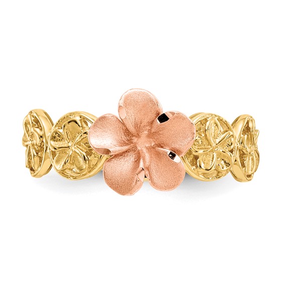 14k Yellow and Rose Gold Diamond-cut Plumeria Flowers Ring