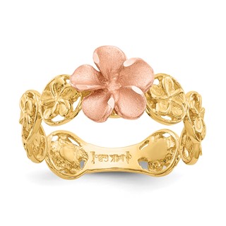 14k Yellow and Rose Gold Diamond-cut Plumeria Flowers Ring
