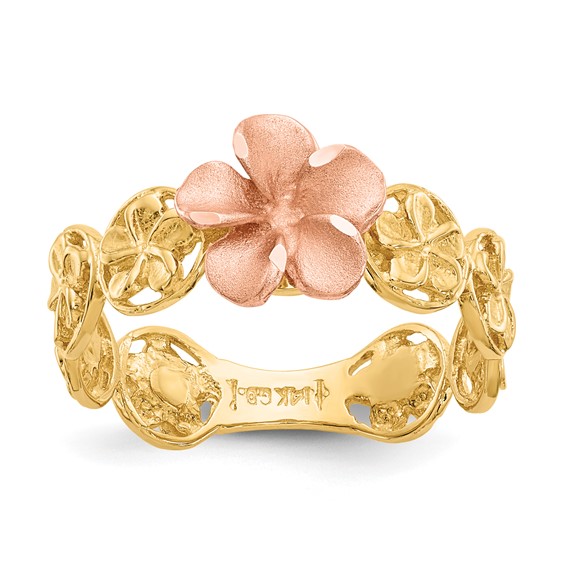 14k Yellow and Rose Gold Diamond-cut Plumeria Flowers Ring