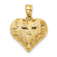 14K Yellow Gold Polished Basket Weave Pattern 3-D Puffed Heart Pendant view 3