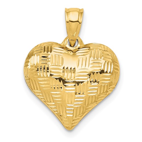 14K Yellow Gold Polished Basket Weave Pattern 3-D Puffed Heart Pendant