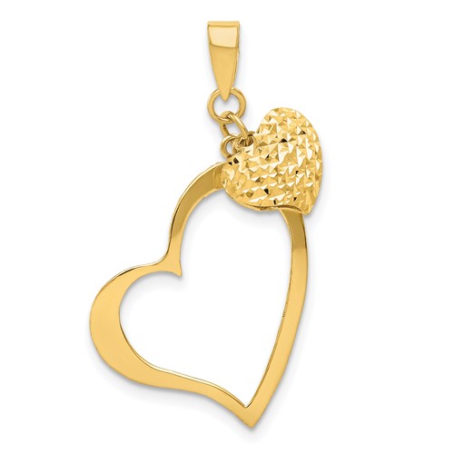14K Yellow Gold Polished and Diamond-cut Open and Puffed 3-D Heart Pendant