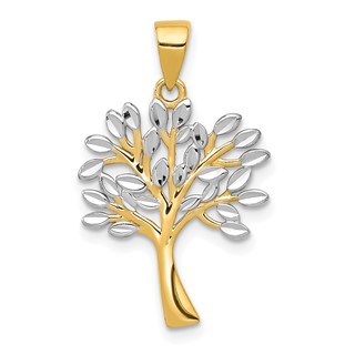 14K and White Rhodium Diamond-cut Tree Pendant