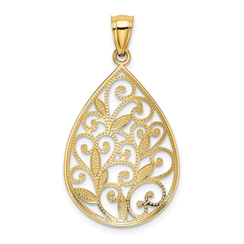 14K Gold Polished / Textured Filigree Teardrop Pendant (K5280)