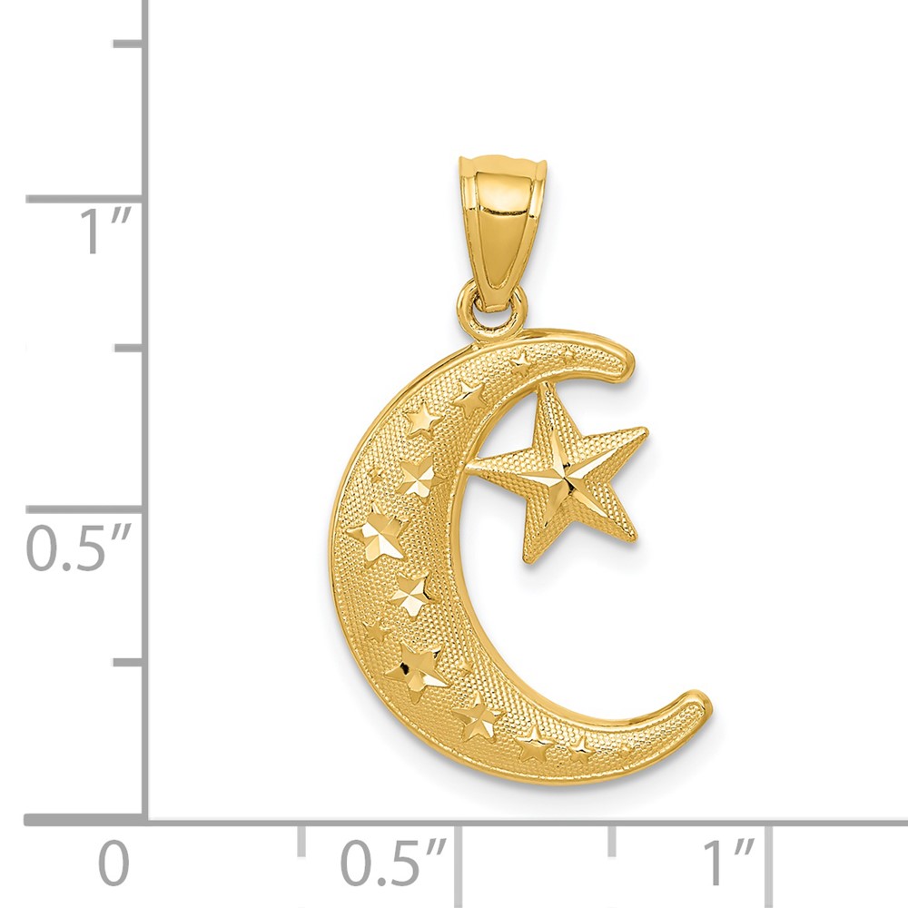 14k Gold Polished and Textured Moon and Stars Pendant (K5299)