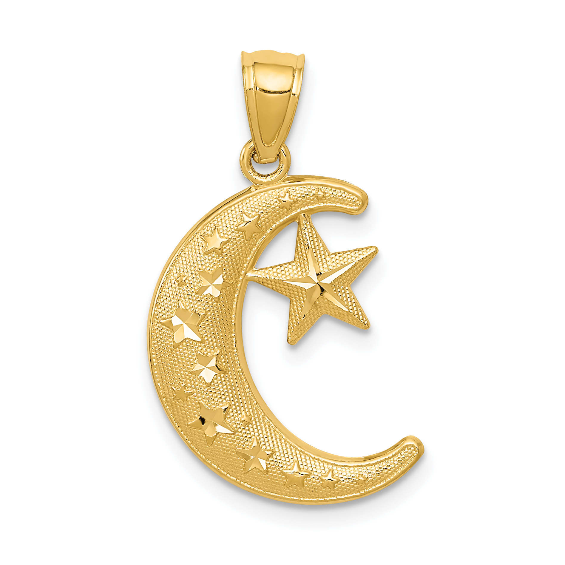 14k Gold Polished and Textured Moon and Stars Pendant (K5299)