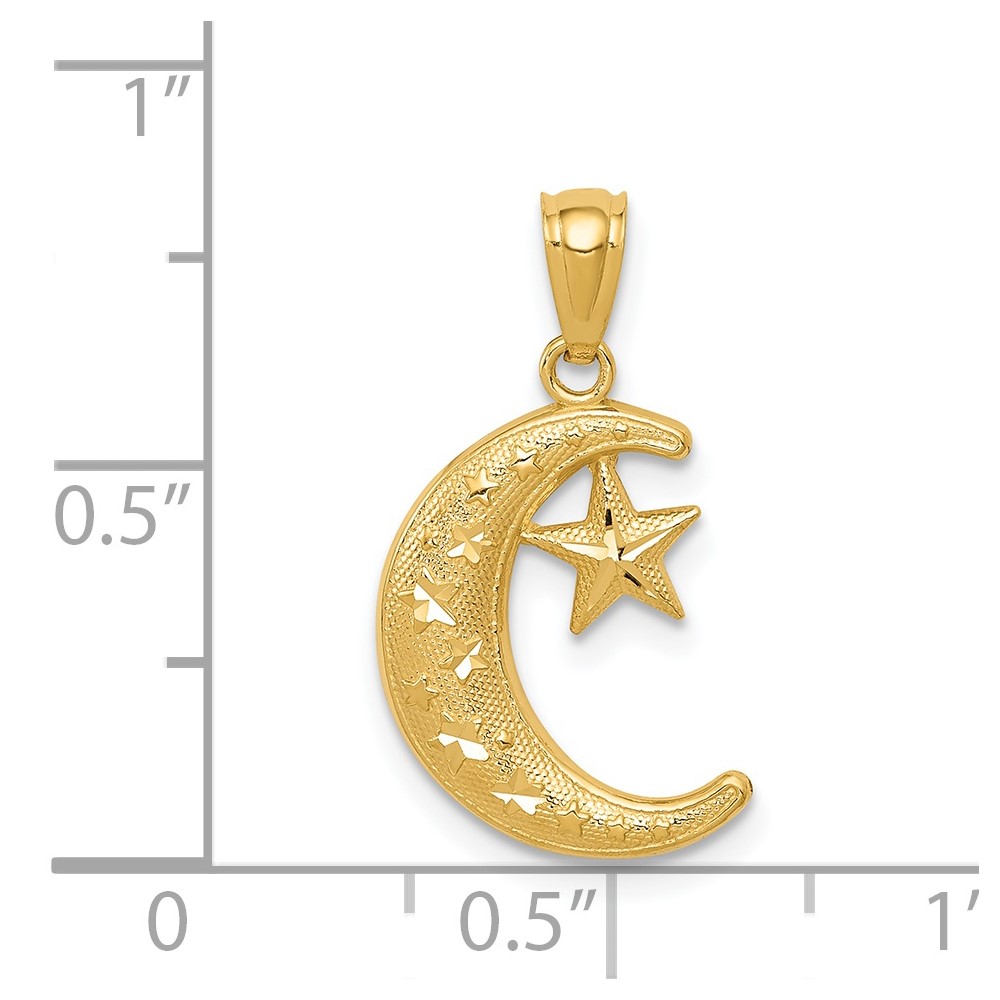 14k Gold Polished and Textured Moon and Stars Pendant (K5305)