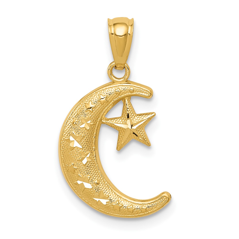 14k Gold Polished and Textured Moon and Stars Pendant (K5305)