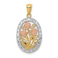 14K Yellow and Rose Gold Pendant with White Rhodium Oval 3 Rose view 1