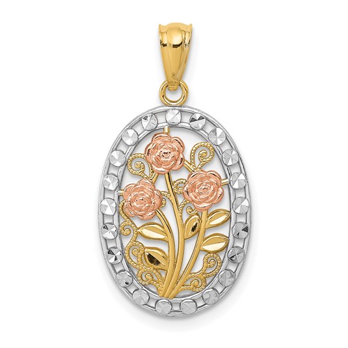 14K Yellow and Rose Gold Pendant with White Rhodium Oval 3 Rose