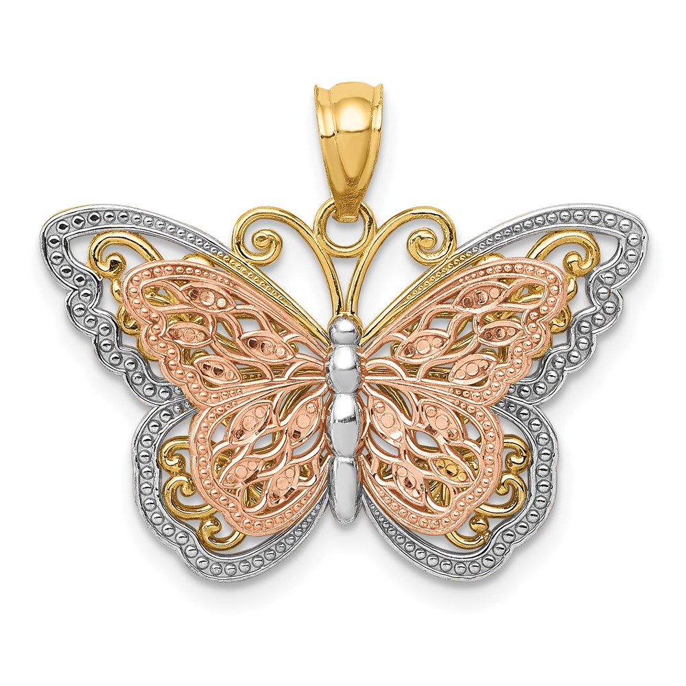 14K Two-tone Pendant with White Rhodium Cut-out 2-level Butterfly