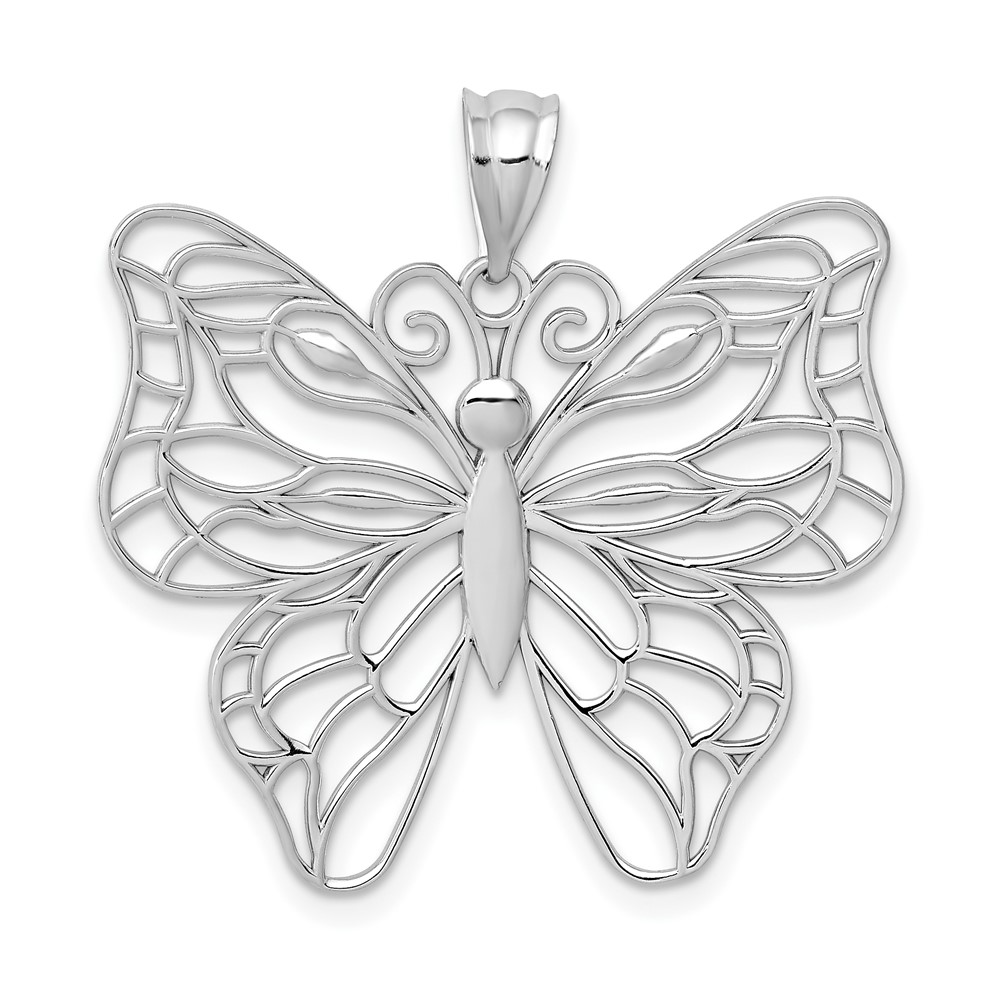 14K White Gold Polished Large Filigree Butterfly Pendant
