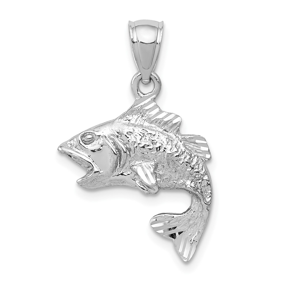 14K White Gold Polished Textured Bass Fish Pendant
