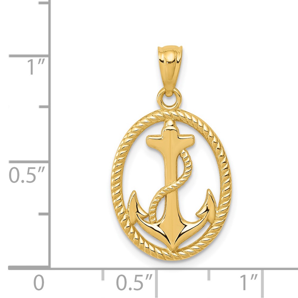 14k Gold Polished Anchor w/Rope Oval Pendant (K5389)