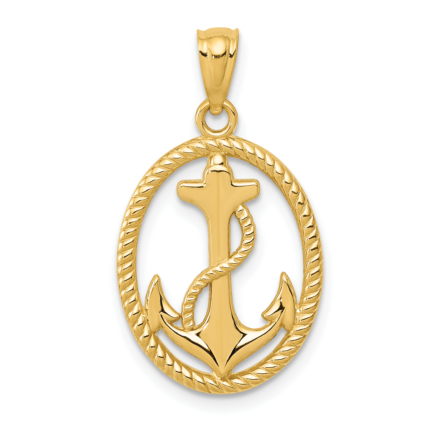 14k Gold Polished Anchor w/Rope Oval Pendant (K5389)