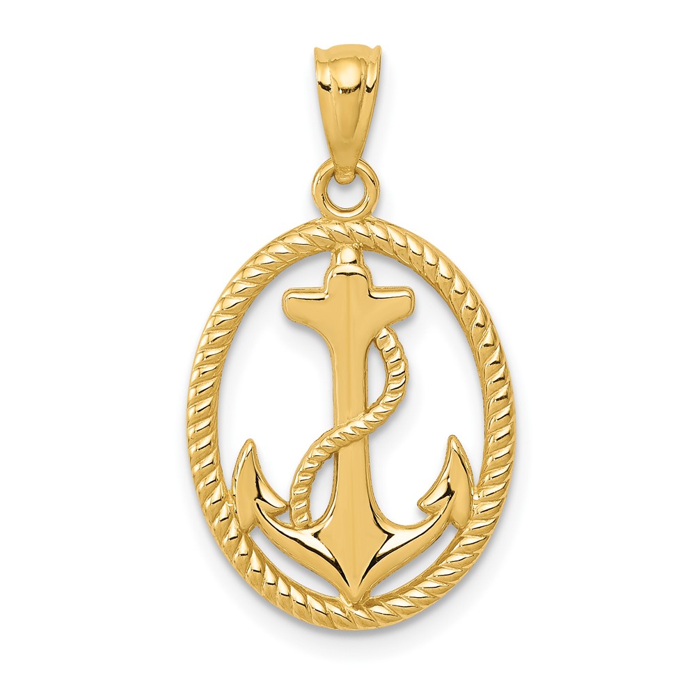 14k Gold Polished Anchor w/Rope Oval Pendant (K5389)