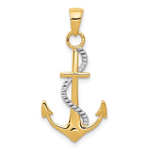 14K Two-tone Polished Anchor Pendant with Rope