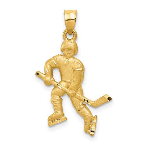 14K Yellow Gold Satin Diamond-cut Hockey Player Pendant
