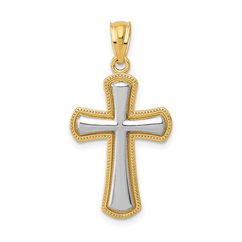 14K and White Rhodium Polished Cross Pendant