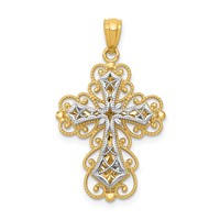 14K Two-tone Polished 2-Level Filigree Cross Pendant view 1