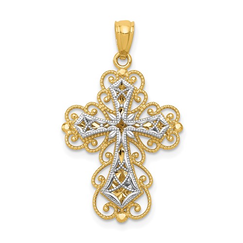 14K Two-tone Polished 2-Level Filigree Cross Pendant
