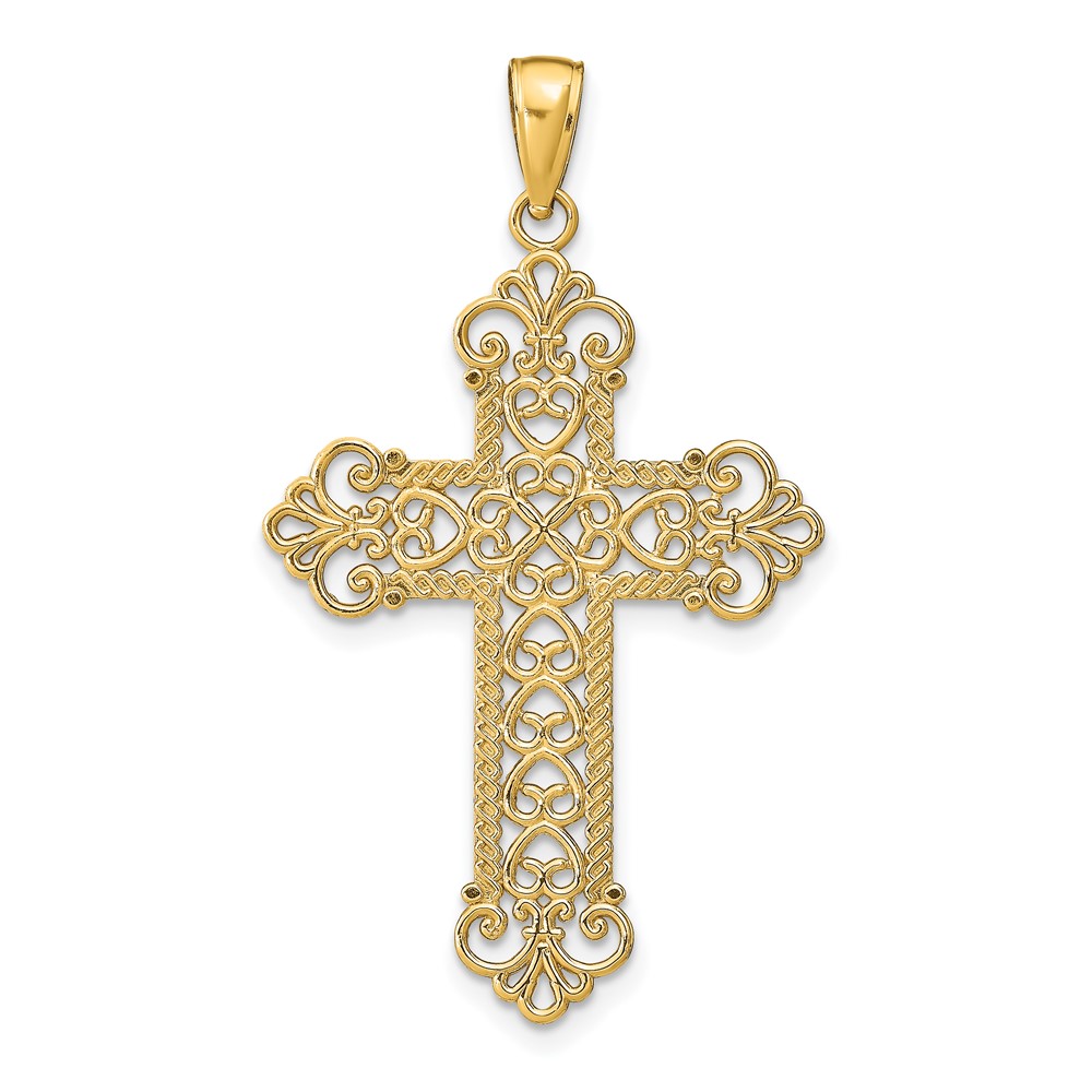 14K Yellow Gold Polished Large Rope Frame Filigree Cross Pendant