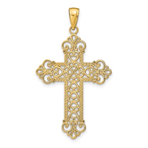 14K Yellow Gold Polished Large Rope Frame Filigree Cross Pendant