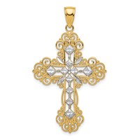 14K and White Rhodium Polished Textured Diamond-Pattern Cross Pendant view 1
