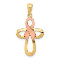 14K Two-tone Polished Pink Ribbon Cross Pendant view 1