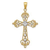 14K and White Rhodium Polished Diamond-Cut Cut-Out Cross Pendant view 1
