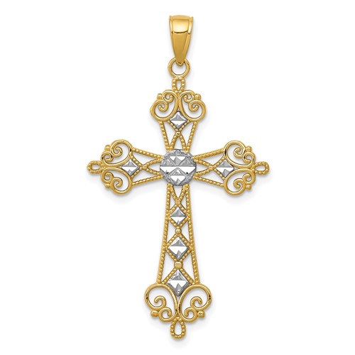 14K and White Rhodium Polished Diamond-Cut Cut-Out Cross Pendant