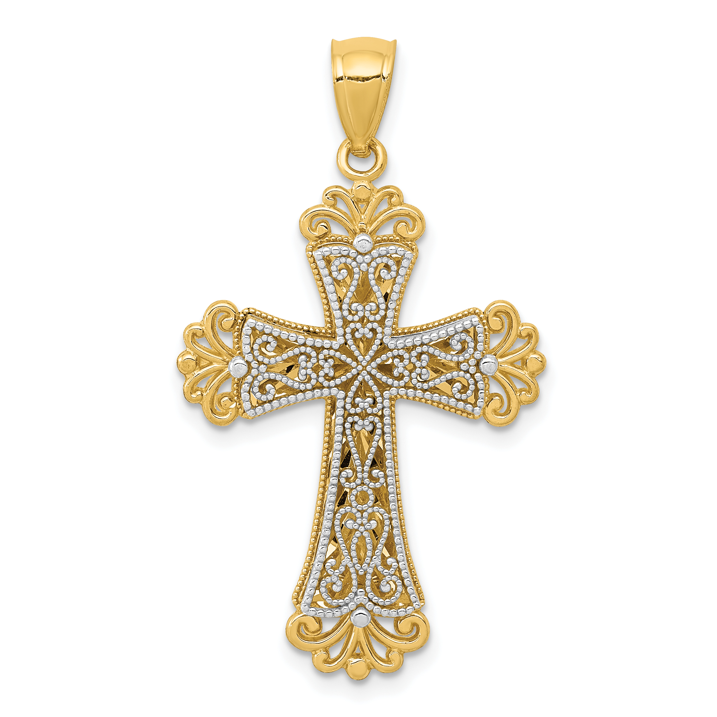 14K Two-tone Polished 2 Level Budded Cross Pendant (K5521)