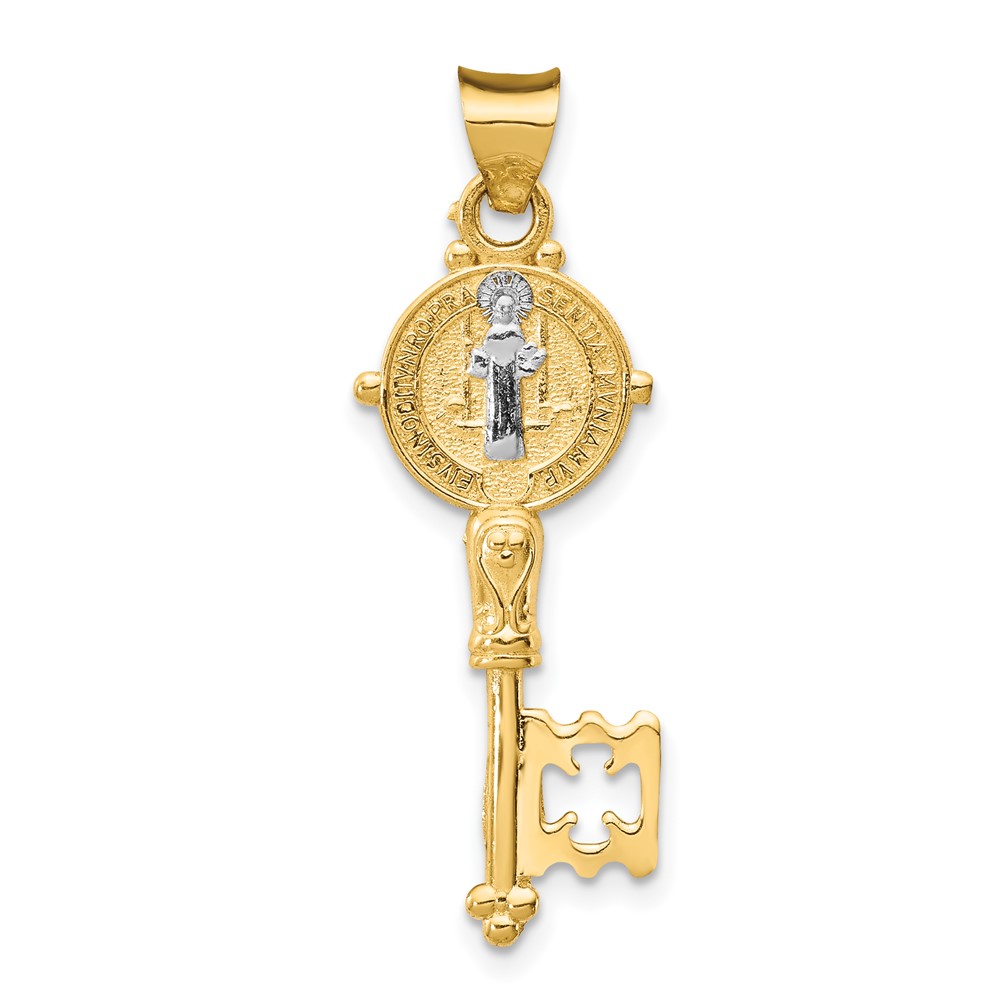 14K Pendant with White Rhodium Solid St. Benedict 2-Sided Cross Key