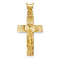 14K Yellow Gold Polished Satin and Diamond-cut Crucifix Pendant view 1