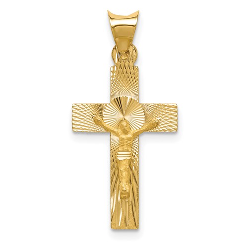 14K Yellow Gold Polished Satin and Diamond-cut Crucifix Pendant