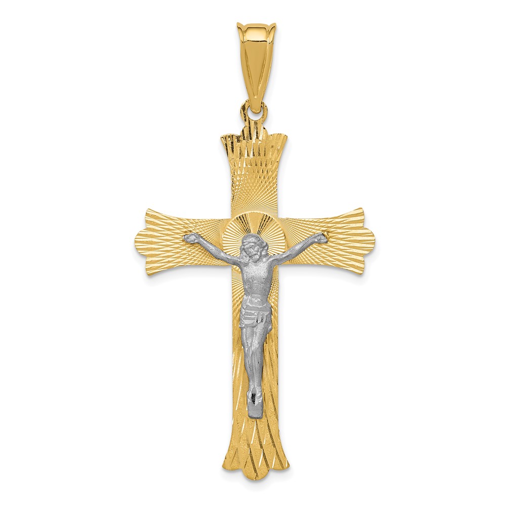 14K Two-Tone Polished Satin Diamond-cut Crucifix Cross Pendant