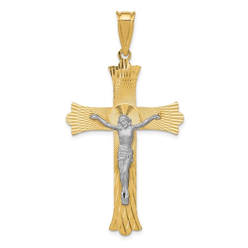 14K Two-Tone Polished Satin Diamond-cut Crucifix Cross Pendant