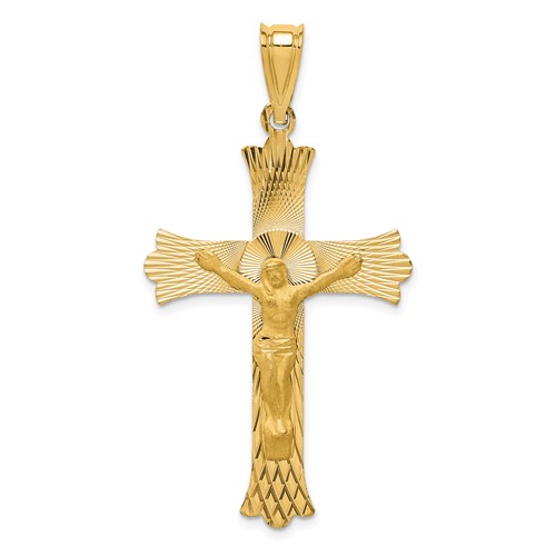 14K Yellow Gold Polished Satin and Diamond-cut Crucifix Pendant