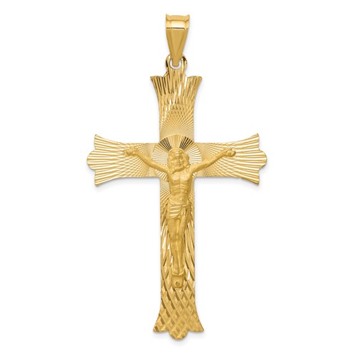 14K Yellow Gold Polished Satin and Diamond-cut Crucifix Cross Pendant