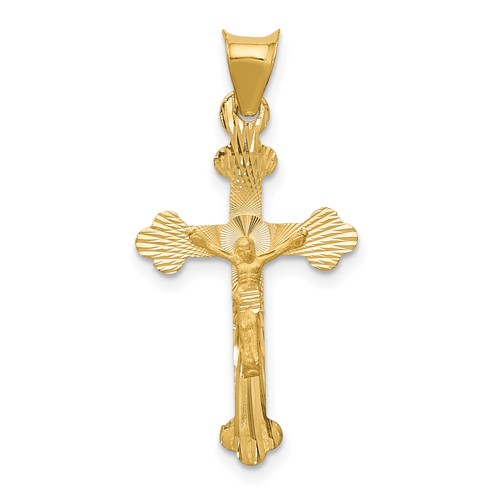 14K Yellow Gold Polished Satin and Diamond-cut Crucifix Pendant