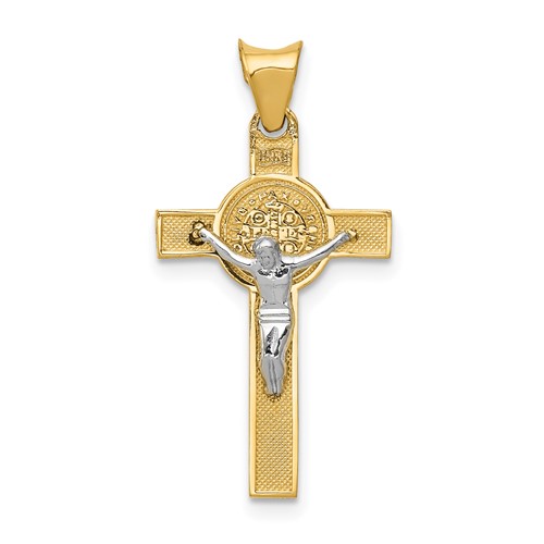 14K Two-Tone Crucifix Reverses to St. Benedict Medal Pendant