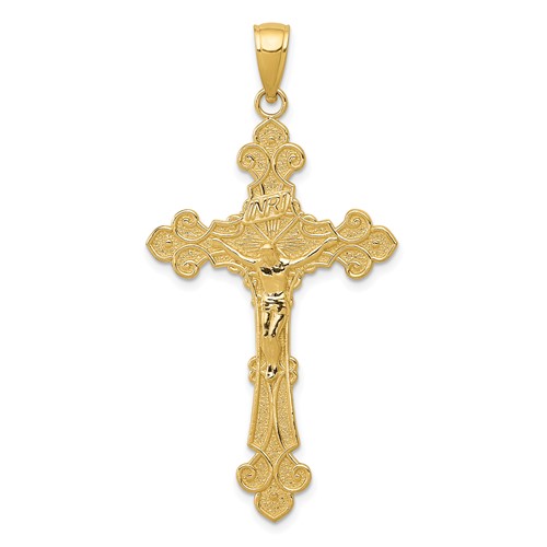 14K Yellow Gold Polished Textured Inri Crucifix Fleur De Lis Pendant